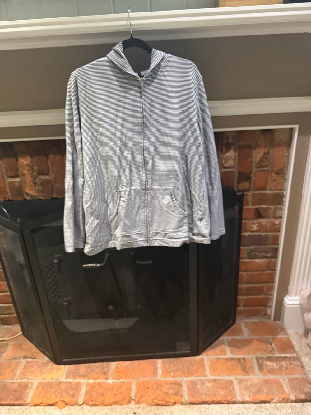 Karen Scott Sport Striped Full-Zip Hoodie Sweater Size XL Grey White